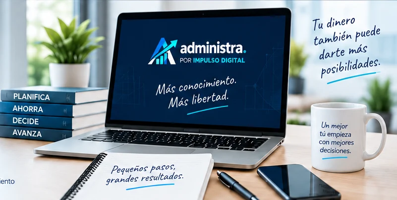 Escritorio con libros para planificar y una laptop de Administra. Más conocimiento, más libertad.
